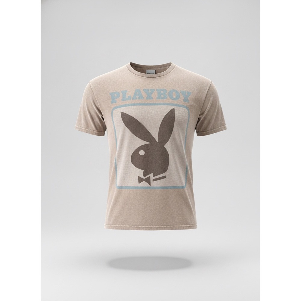 Playboy Bunny Graphic Tee Mens Tan Sand Short Sleeve Crewneck T-Shirt Logo
